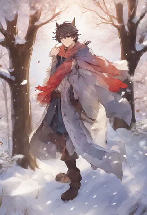 The handsome young man buried his face in a scarf，Stand on the snow，Rub your hands together，style of anime ，in a panoramic view