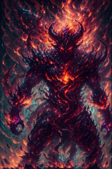 A humanoid devil, fierce face, fire demon, big burning demon wings, big horn, sharp thorn runs through body, full body, hellish demon, burning background, burning demon aura, devilish energy cracking, third eyes, glowing eyes, corrupted energy, fire spear,...