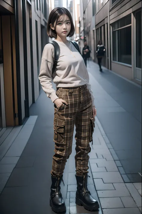 masterpiese, 8k, facial focus, soft light, (depth of field), ultra high res, (photorealistic: 1.4), RAW photo, 1girl, solo, Felt Sweatshirt, checkered cargo pants, Stretched Chunky Boots