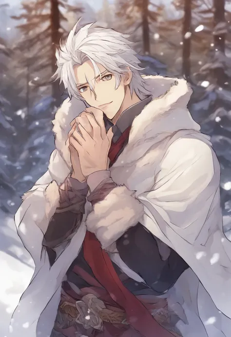 The handsome young man buried his face in a scarf，Stand on the snow，Rub your hands，style of anime ，in a panoramic view，long whitr hair