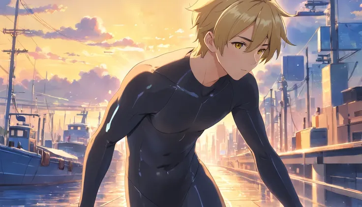 (best quality, highres, realistic:1.37), male, blonde hair, huge ass, black bodysuit, boy, short hair, yellow eyes, skunk　ear,skunk