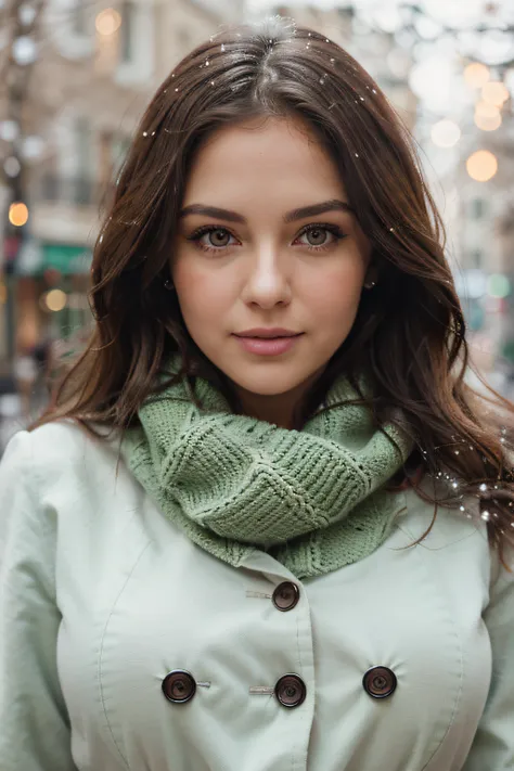 Brunette woman long wavy eyes in light green almonds, bouche charnue, taches de rousseur, Realistic photography, Busty Natural Well Dressed Winter, trait de liner, Snowy background