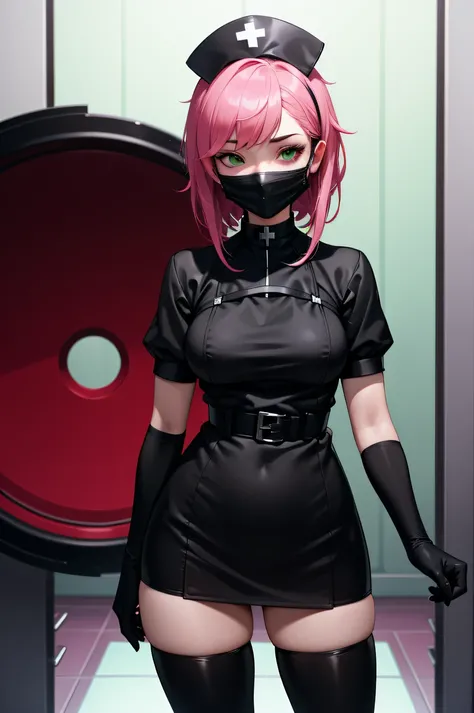 black nurse, 1girl, solo, black nurse cap, black wear, ((black legwear, zettai ryouiki)), black elbow gloves, pink hair, green eyes, drooping eyes, ((black surgical mask, covered nose)), standing, ((surgery room)), sharp outline, short sleeves, best qualit...