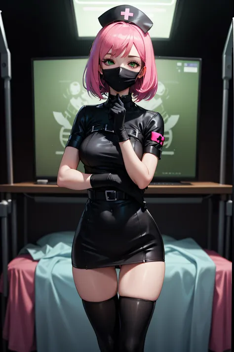 black nurse, 1woman, solo, black nurse cap, black wear, ((black legwear, zettai ryouiki)), black elbow gloves, pink hair, green eyes, drooping eyes, ((black surgical mask, covered nose)), standing, ((surgery room)), sharp outline, short sleeves, mature fem...