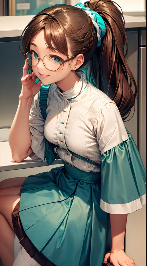 1womanl,12year old,Brown hair,Beautiful ponytail hairstyle, (Teal High Waist Skirt:1.3),, (whiteshirt:1.3), (double-breasted,Underbust:1.2), Short sleeves, buttonGap,A smile,small tits,Frameless glasses,