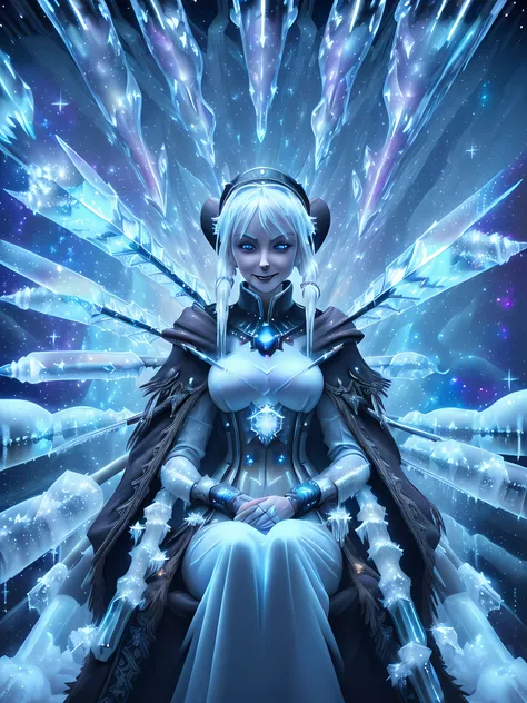 (((cartoon full body photo))), (((solo))), masterpiece, best quality, plaindoll, white hair, doll joints, bonnet, brown cloak, long dress, red ascot, (((sitting on a menacing icy throne made out of icicles, rich gothic ornate))), (((((ice palace with rich ...