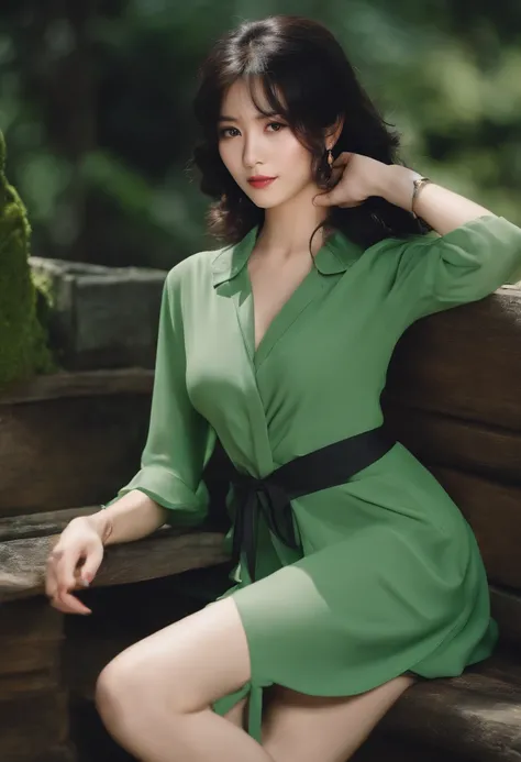 Green Mini Dress Chest Gap One Piece Semi-Long Black Hair Hair Curl Japan Turning