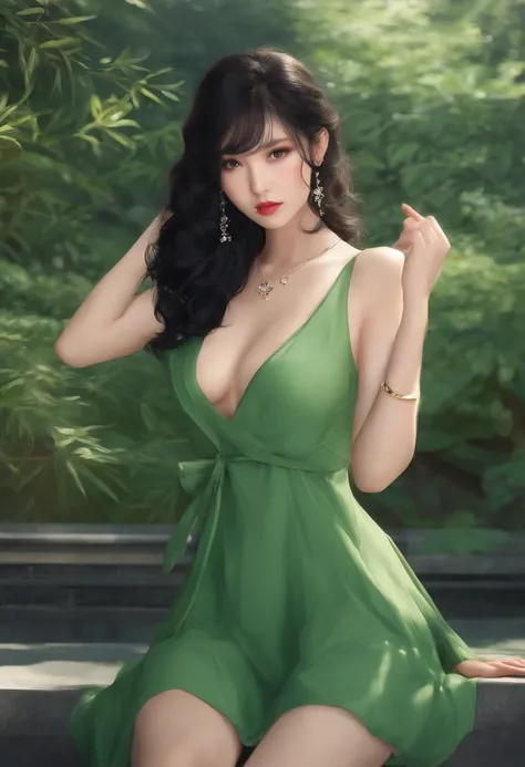 Green Mini Dress Chest Gap One Piece Semi-Long Black Hair Hair Curl Japan Turning