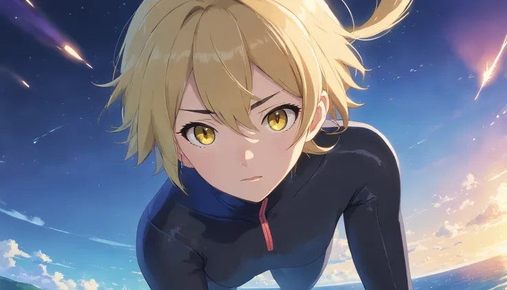 (best quality, highres, realistic:1.37), male, blonde hair, huge ass, black bodysuit, boy, short hair, yellow eyes, skunk、black background