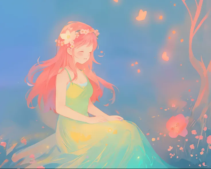 beautiful girl in white dress, fairy dress, beautiful girl sitting in a field with pink red flowers, glowing lights, whimsical landscape, long pink flowing hair, watercolor illustration, inspired by Glen Keane, inspired by Lois van Baarle, disney art style...