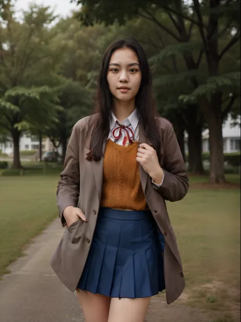 Masterpiece, hd, realistic, 1girl, 18 y.o, Thailand girl, black hair, long hair, school uniform, blazer, brown sweater, collared shirt, neck ribbon, blue skirt, standing, park