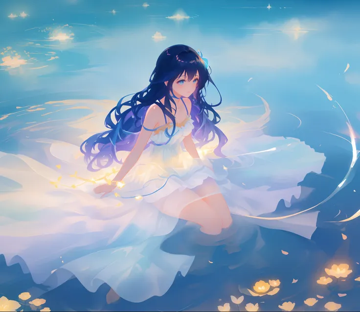 beautiful  girl covered by seafoam, long dark hair, beautiful girl sitting in the water, dress made of white seafoam, water nymph, water fairy, watercolor illustration, inspired by Glen Keane, inspired by Lois van Baarle, disney art style, by Lois van Baar...