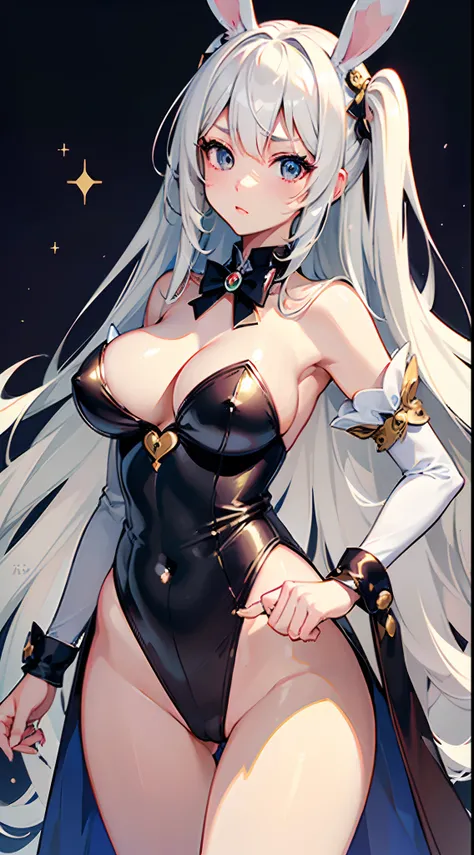 ((Best Quality)), (ultra-detailliert), ((Extremely detailed)), (Beautiful), ((Kawaii Girl)),(two side up hair)、((masutepiece)),Platinum Blonde Hair,Long hair, hair between eye, Wavy Hair, Long sideburns,Jade colored eyes, White skin,Colossal tits、Rabbit ea...