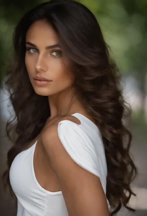 Young brown woman with very long wavy hair, Heterochromia Iridum Green and Brown Eyes, luscious lips, peau blanche, Perfectly Defined Eyebrows. Very slim and muscular with a strong chest and round buttocks, Dressed in a white t-shirt, un blazer bleu electr...