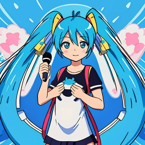 miku hatsune、tiny chest、Big eyes、Blue-haired、Twin-tailed、microphone、White background、Chest illustration、cute little、Shoujo manga style、without background、eyes large