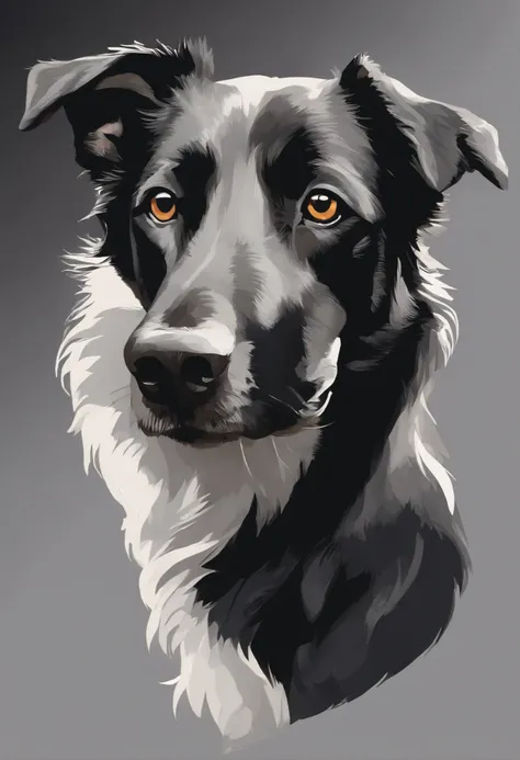 Vector art illustration of a black mutt dog with short legs, com barbicha grisalha e pelo espetado, fazendo bola de chiclete, Crisp design, Monochrome gray color, respingo de magia negra, Tetradic pastel colors, vetor 3d Studio Ghibli, Aquarela--v 5.2