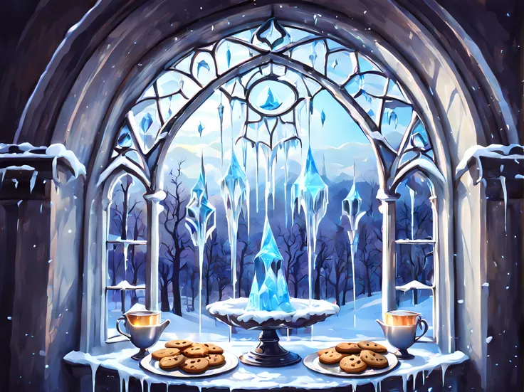 (colorful cartoon:1.3), (((behind the round gothic window covered with sharp icicles))), (((elegant icy dishes with cookies))), ...