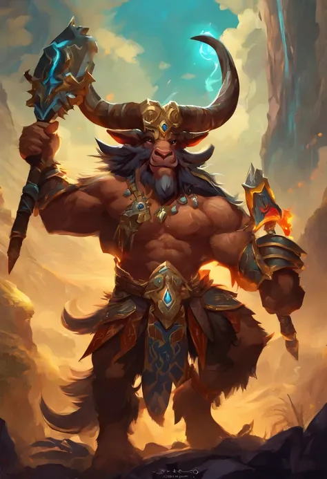 Struck by lightning(tauren:1.5)，One with an ax（Minotaur：1.8），Standing cow with an axe，Painful expression，(Raise your head to the sky and roar:1.8)，Funk，shudder，Gothic，baroque，（The arc was released from the female mages hand），Electric current travels around...