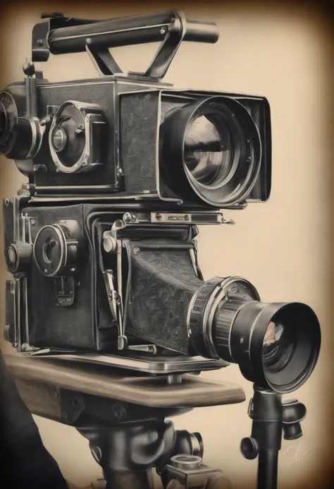 Pencil drawing of a man has movie camera head.