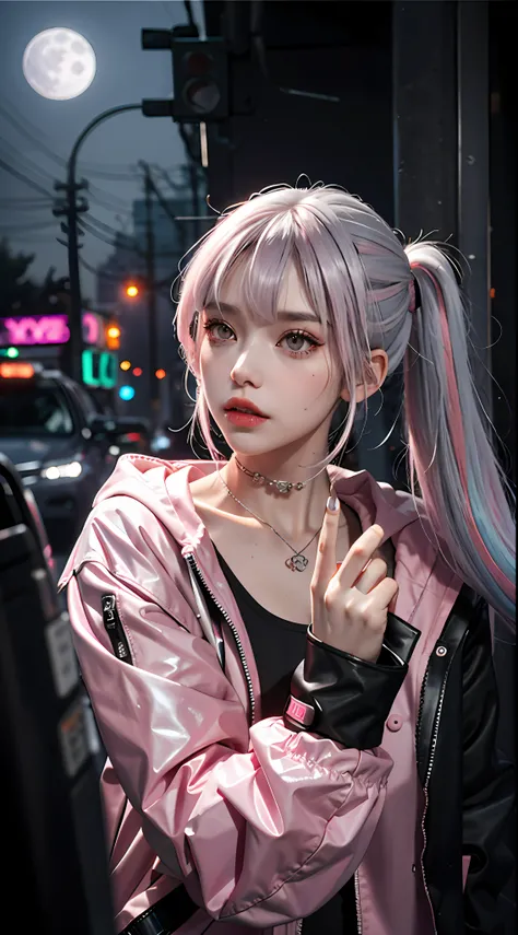 lucy (cyberpunk), 1girl,  hair scrunchie, hime cut, silver hair, colored tips, full moon, grey eyes, jacket, long sleeves, looking at viewer, medium hair, multicolored hair, parted bangs, parted lips, pink hair, portrait, red eyeliner, red lips, solo, whit...