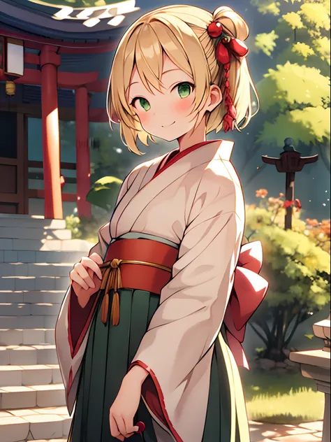 1girl in, blonde hair, green eyes, solo, looking at viewer, smile, short hair, hair ornament ribbon, shrine maiden, hakama skirt...