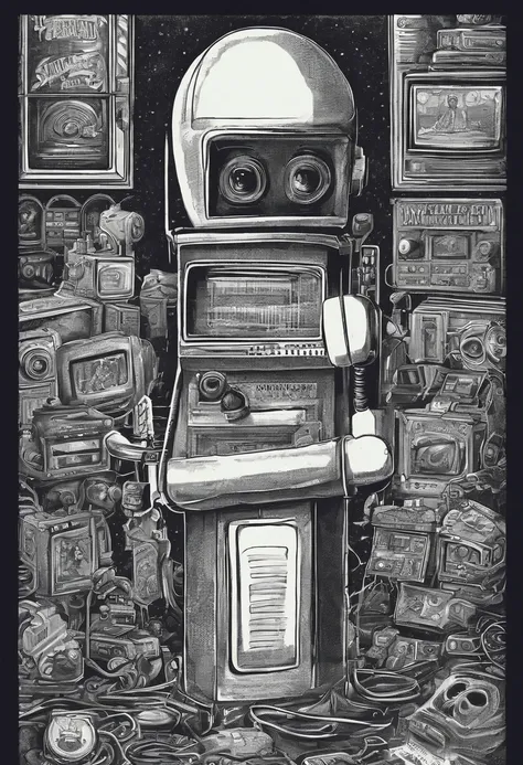 Pencil drawing of a man has movie camera head.