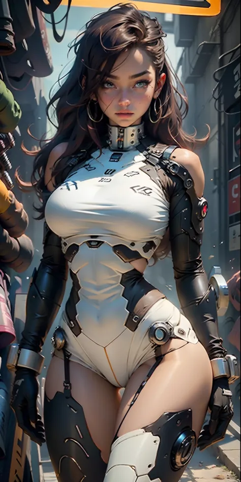 Woman body defined thick thighs cybernetic body parts, short underwear , huge boobs,