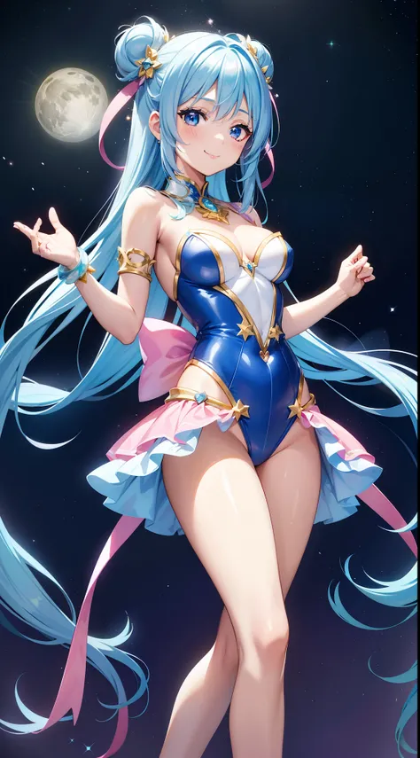 Super Idol　a beauty girl　A charming smile　sky blue hair　length hair　Facing straight ahead　Twin-tailed　Glittering pink and white、Blue and yellow leotard costume　Mystical　Fantasia　constellation　a moon　Crystal Brilliance　Aurora Borealis in the Night Sky