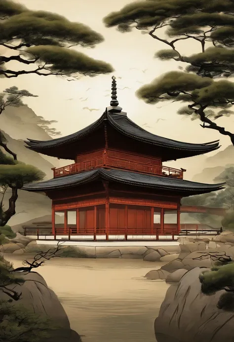 In the background is a painting of a pagoda and a tree, inspired by Yamamoto Shōun, inspired by Kanō Motonobu, inspired by Sōami, qing dynasty painting, inspired by Itō Jakuchū, author：Seto Toyo, inspired by Hishida Shunsō, traditional japanese painting