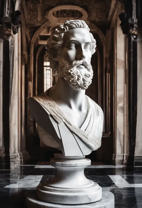 a young rich black man, head, face facing the camera; White marble statue of the bust of the sage with the style of the bearded Greek philosopher in the museum. dark atmosphere, high contrast of light and shadow, Photographie professionnelle, utrarealista,...