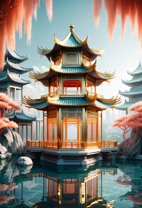 A glazed oriental building with a gazebo is underwater,Chinese style cornices,transparent medium, the interior of the building glows,Nestled in dense coral,Glazed color,Gold White Silver,Long Shot, imaginative concept design, minimalism, neo-futurism,clear...