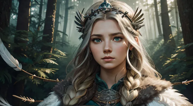 arafed woman with feathers and a runes in a forest, beautiful young female viking, viking princess portrait, girl with feathers, she is dressed in viking clothes, a young female viking, : native scandinavian viking fantasy, wearing crown of bright feathers...