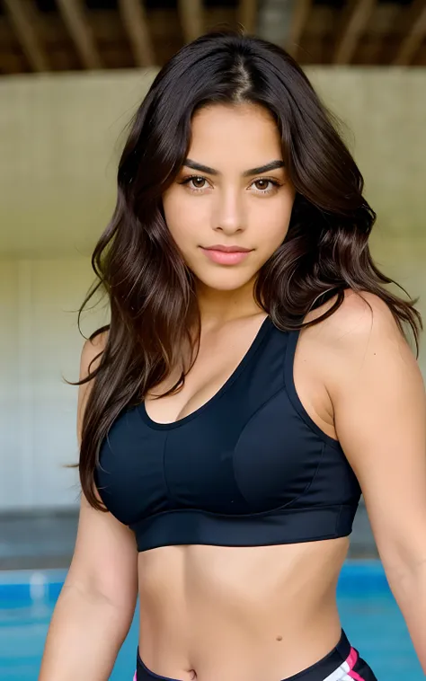 1 mexican girl, Long Wavy Hair, dark brown eyes, teen, sports bra