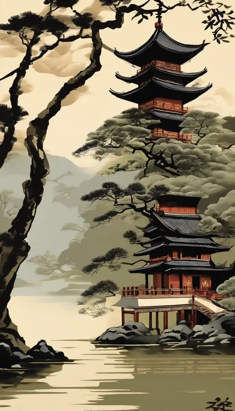 In the background is a painting of a pagoda and a tree, inspired by Yamamoto Shōun, inspired by Kanō Motonobu, inspired by Sōami, qing dynasty painting, inspired by Itō Jakuchū, author：Qi Baishi, inspired by Hishida Shunsō, Tradition Chinese Ink Painting