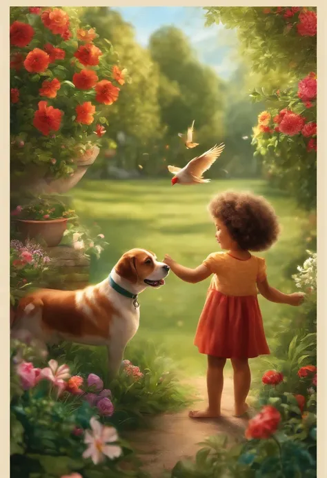 Use artificial intelligence to create an image with a lot of detail. The scene is meant to depict a happy child playing with his dog in a garden adorned with a tumult of vibrant flowers and lush trees. Birds must be flying through the sky, aumentando a atm...