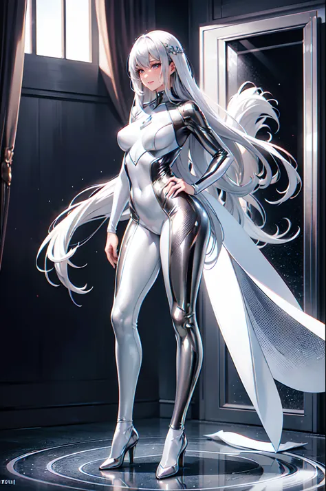 (high quality,high resolution,fine details,realistic),((silver suit)),(((shiny full-body suit))),((the suit hides the skin)),sol...