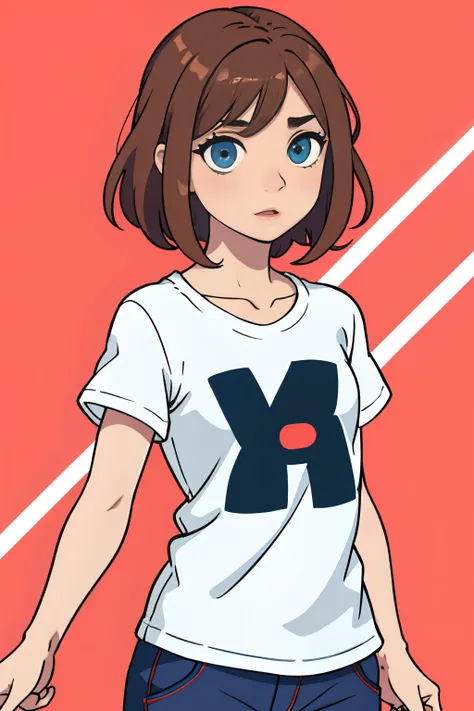 La mejor calidad ,pelo largo muy flaco , Caucasian anime girl max caulfield ,ojos grandes , Borrosa, , brown hair , feliz , , piel suave, , ojos expresivos , , , Camiseta roja de manga larga, Pantalones Jens ,