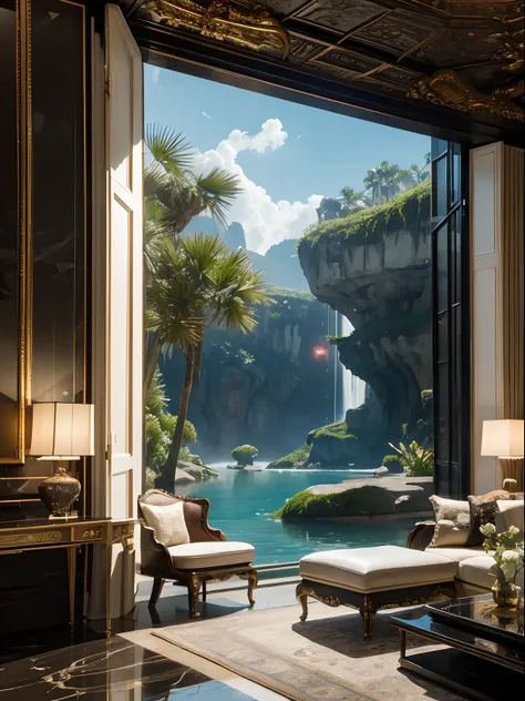 Luxurious futuristic black living room interior，lotus flower，palmeiras，hyeroglyphics，trpical garden，fresh flowers，Rock walls，sand，marbled，minerais preciosos，metals，Pedras preciosas，crystal，clouds and water，alligators，Ultra Luxo，black marble，cinematic ligh，...