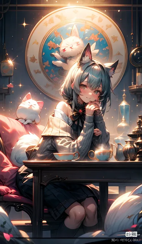 anime cat girl sitting on a bench with a plate of tea, loli, alchemist girl, guweiz, nightcore, mysterious coffee shop girl, artwork in the style of guweiz, anime illustration, trending on artstation pixiv, drinking tea, pixiv, digital art on pixiv, cafe, ...