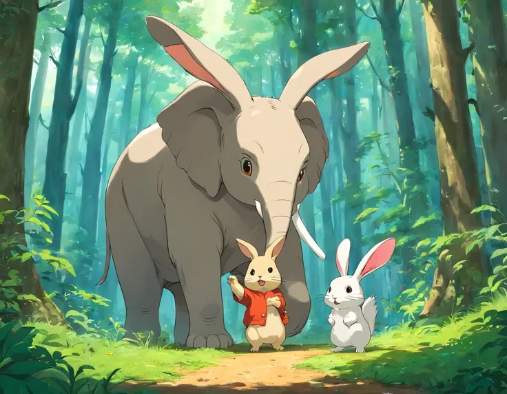 A rabbit，An elephant，Two squirrels，In the forest of Lilin，play