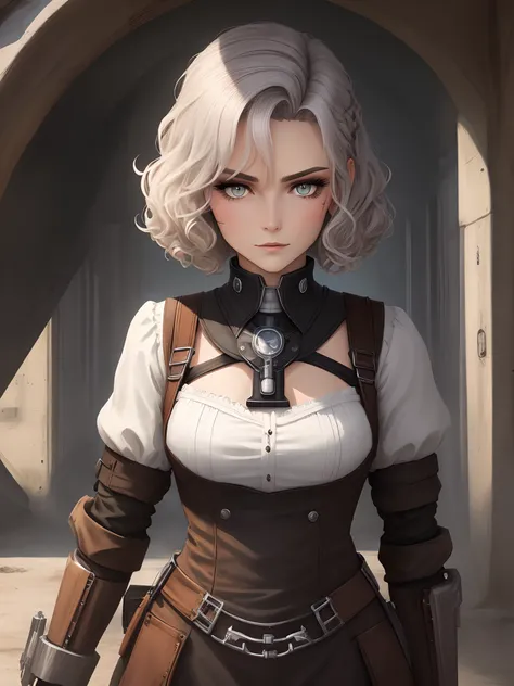 Scifi Hintergrund. Frau mit fuchsroten kurzen Locken und undercut Frisur. Mechanischer Arm. Alter 40. Blasse Haut. Helle Augen. shy facial expression