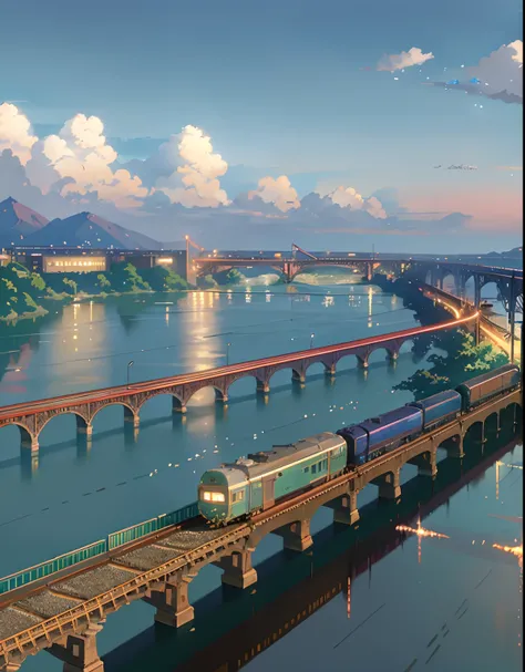 anime train on tracks passing over a body of water, lofi artstyle, reflections. by makoto shinkai, lofi art, beautiful anime scene, anime landscape, detailed scenery —width 672, in style of makoto shinkai, style of makoto shinkai, ( ( makoto shinkai ) ), s...