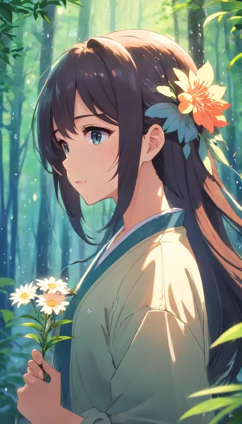 anime girl with long hair and flower in her hair, Beautiful anime artwork, style of anime4 K, Anime art wallpaper 4k,Rainy days，the woods，Rain drops，sideface , and boy holding her hand