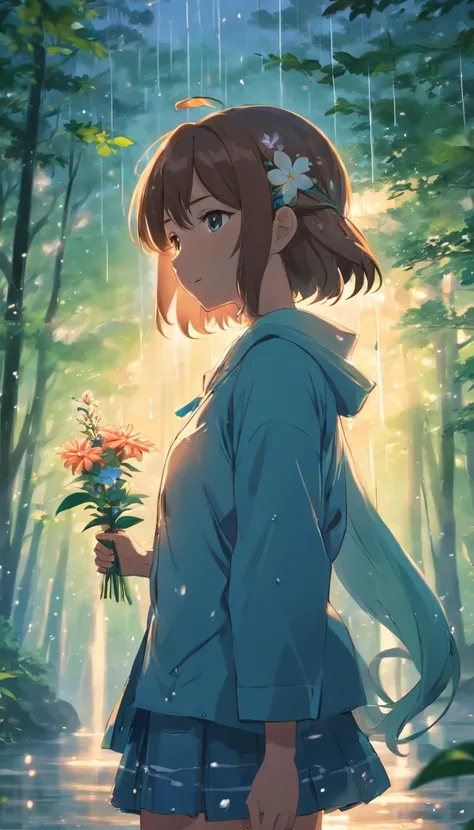 anime girl with long hair and flower in her hair, Beautiful anime artwork, style of anime4 K, Anime art wallpaper 4k,Rainy days，the woods，Rain drops，sideface , and boy holding her hand