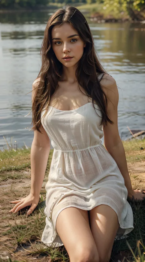 Beautiful 25 year old girl, from russia, long dark hair, deep green eyes, looking straight at the camera, seductive look, wearing a white linen dress, no makeup, natural beauty, hyperealistic skin texture, 8K from a red cinematography camera, sitting on th...