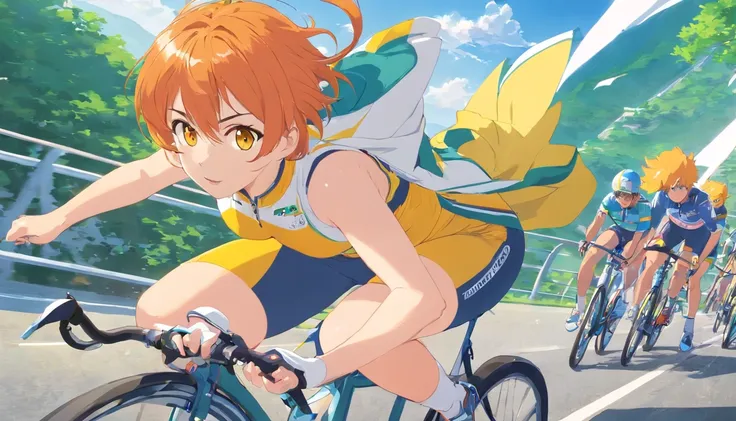 1 female、Orange hair、huge tit、Big ass、Racing Pants、yellow  eyes、Short Bob、Bicycle racing