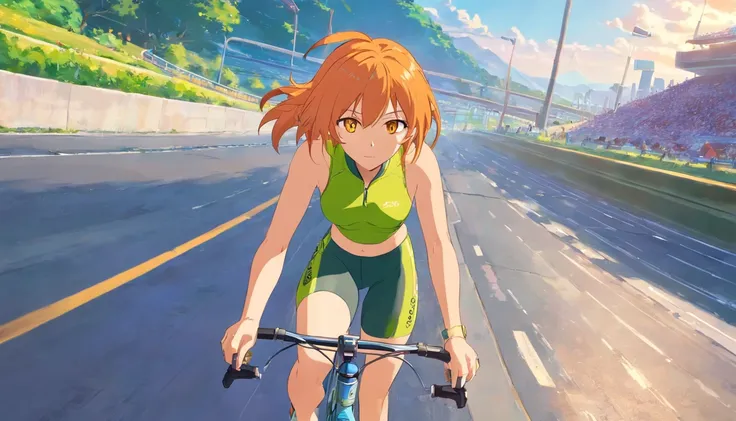 1 female、Orange hair、huge tit、Big ass、Racing Pants、yellow  eyes、Short Bob、Bicycle racing、