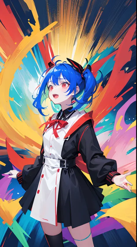 [(colourful backgrund:1.5), 1 girl, mid shot, upper body, crying with open mouth, blue hair,black dress,red bow,black shoes,bule...