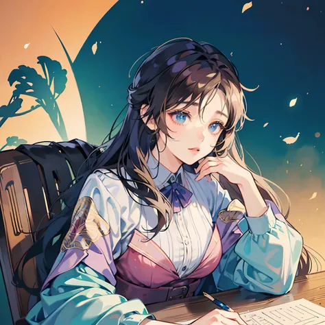 There is a woman sitting at a desk writing on paper, anime art wallpaper 4k, anime art wallpaper 4k, Anime art wallpaper 8k, anime backgrounds, Animated background art, 4k anime wallpaper, Animation aesthetics, anime wallpaper 4k, anime wallpaper 4k, anime...