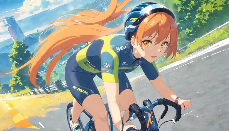 1 female、Orange hair、huge tit、Big ass、Racing Pants、yellow  eyes、Short Bob、Bicycle racing、Cycle Helmet、Cycle Goggles